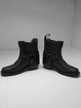 Boulet Black Leather Harness Biker Buckle Ankle Boots Square Toe Women's Sz 5.5
